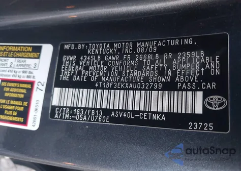 2010 Toyota Camry Le z USA, uszkodzony, nr VIN 4T1BF3EKXAU032799